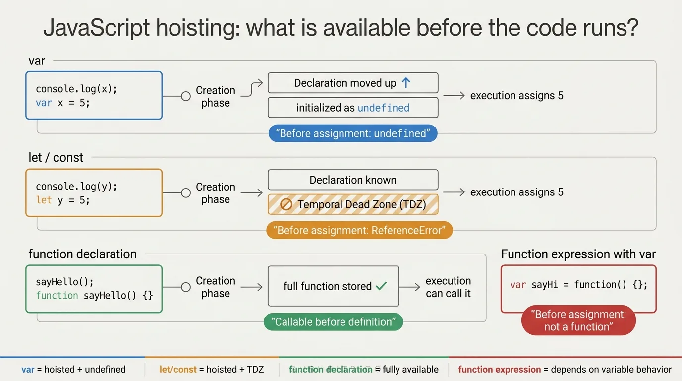 JavaScript hoisting with var let and function declarations
